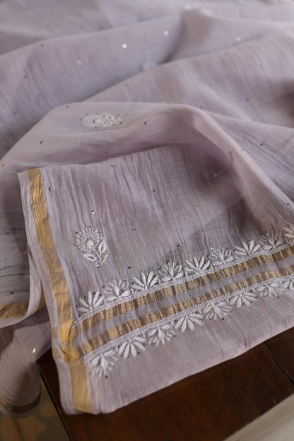 Lavender Grey Shade Mal Cotton Fine Chikankari Unstitched Fabric