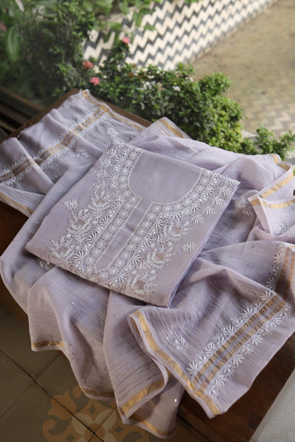 Lavender Grey Shade Mal Cotton Fine Chikankari Unstitched Fabric