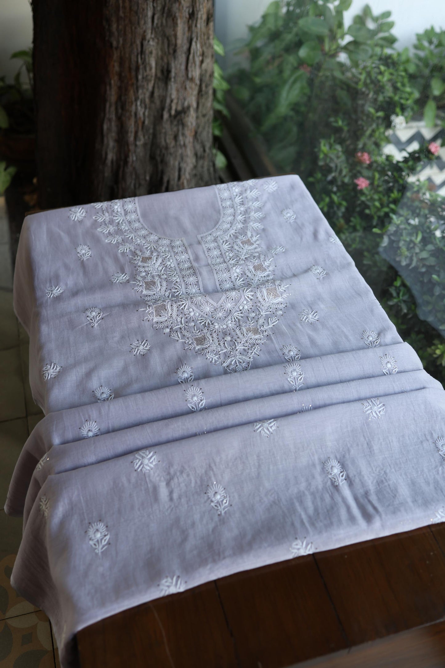 Lavender Grey Shade Mal Cotton Fine Chikankari Unstitched Fabric