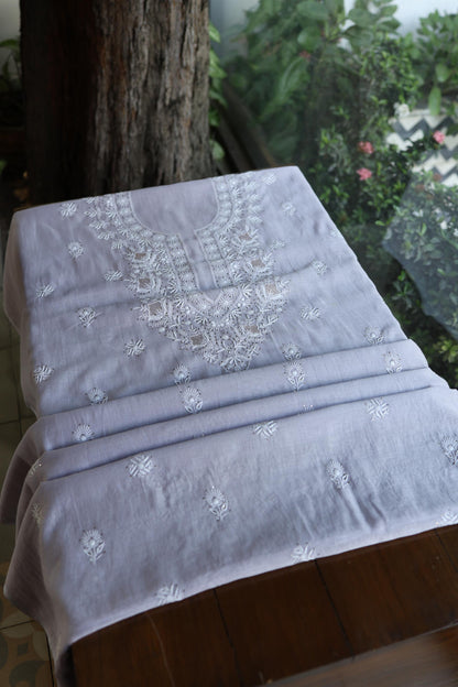 Lavender Grey Shade Mal Cotton Fine Chikankari Unstitched Fabric