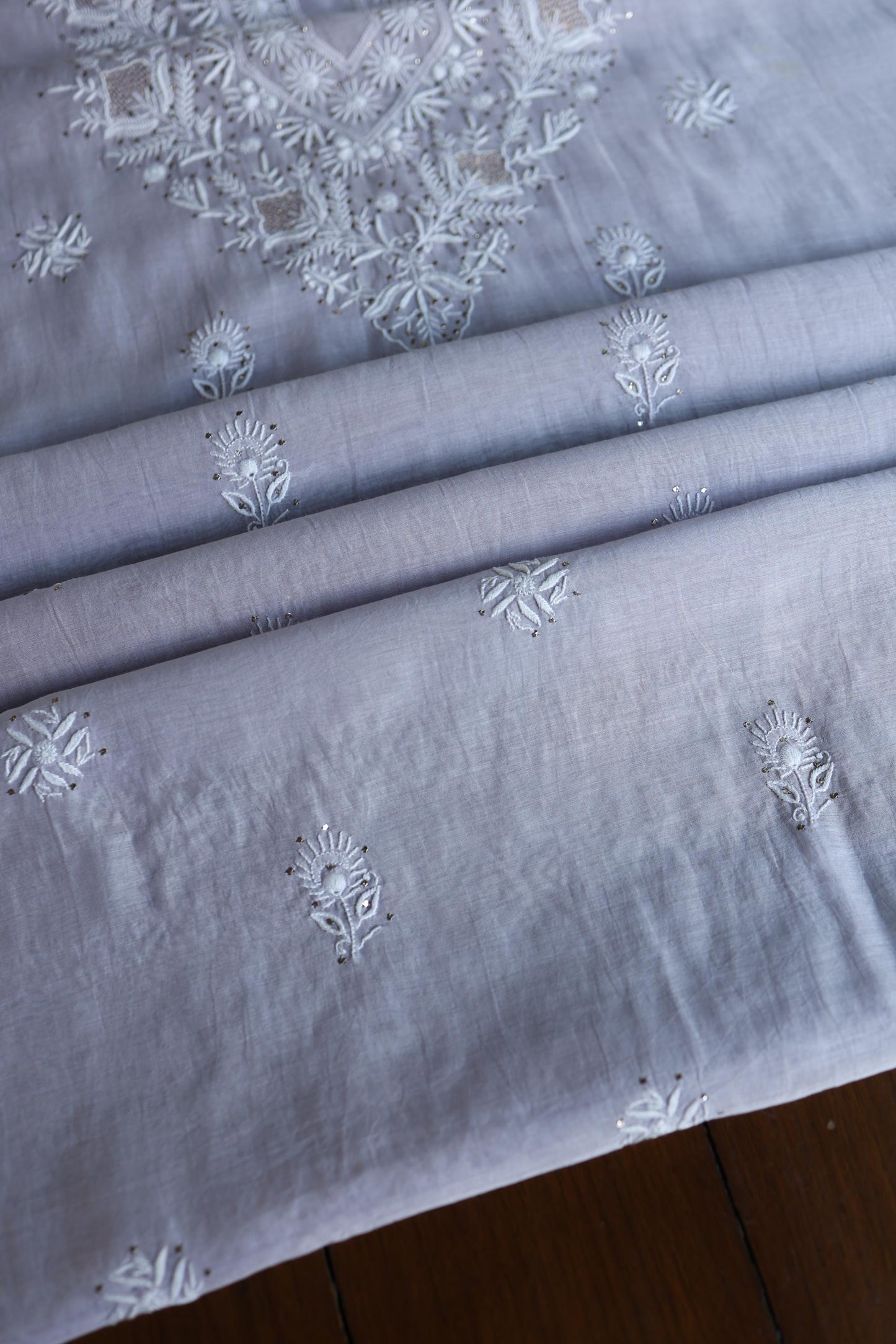 Lavender Grey Shade Mal Cotton Fine Chikankari Unstitched Fabric