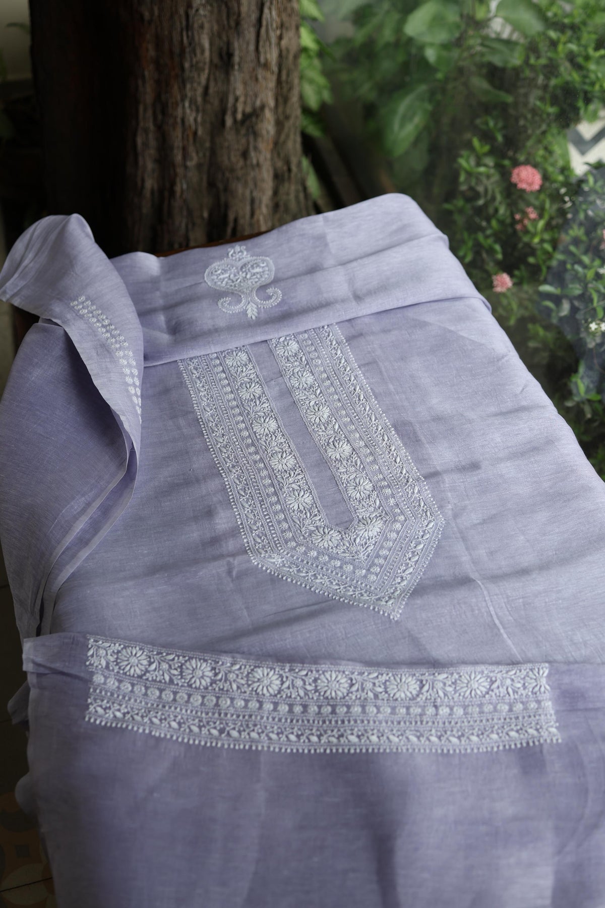 Lavender Linen Chikankari Unstitched Men's Kurta Fabric