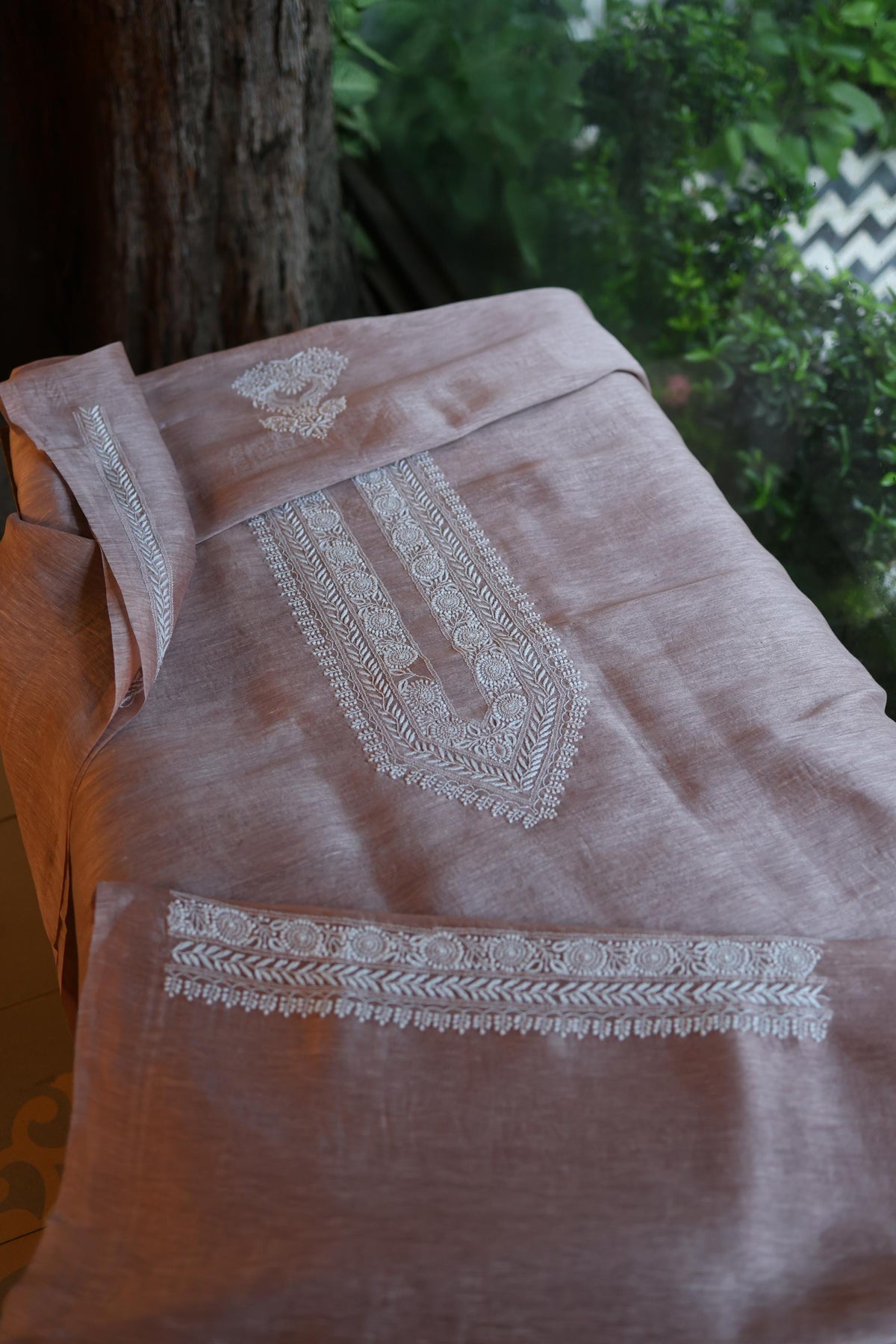 Lavender Linen Chikankari Unstitched Men's Kurta Fabric