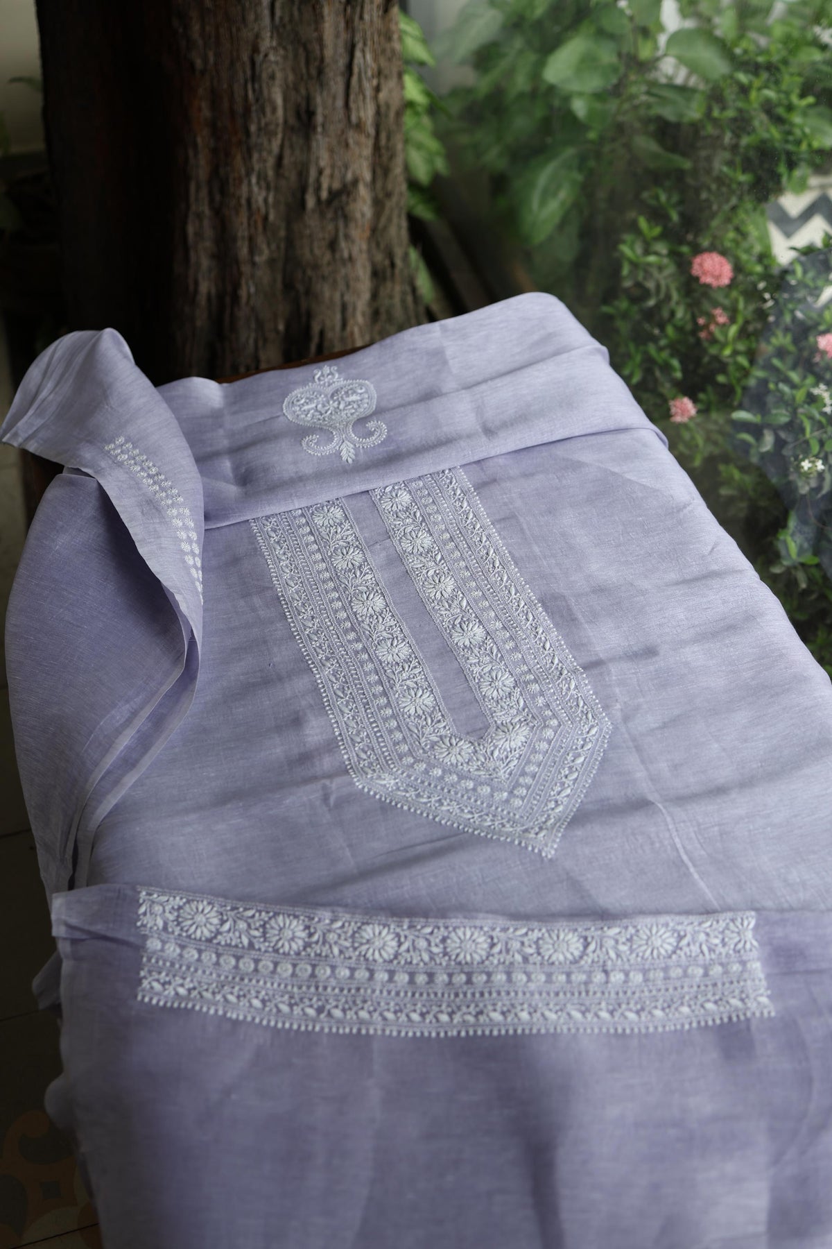 Lavender Linen Chikankari Unstitched Men's Kurta Fabric