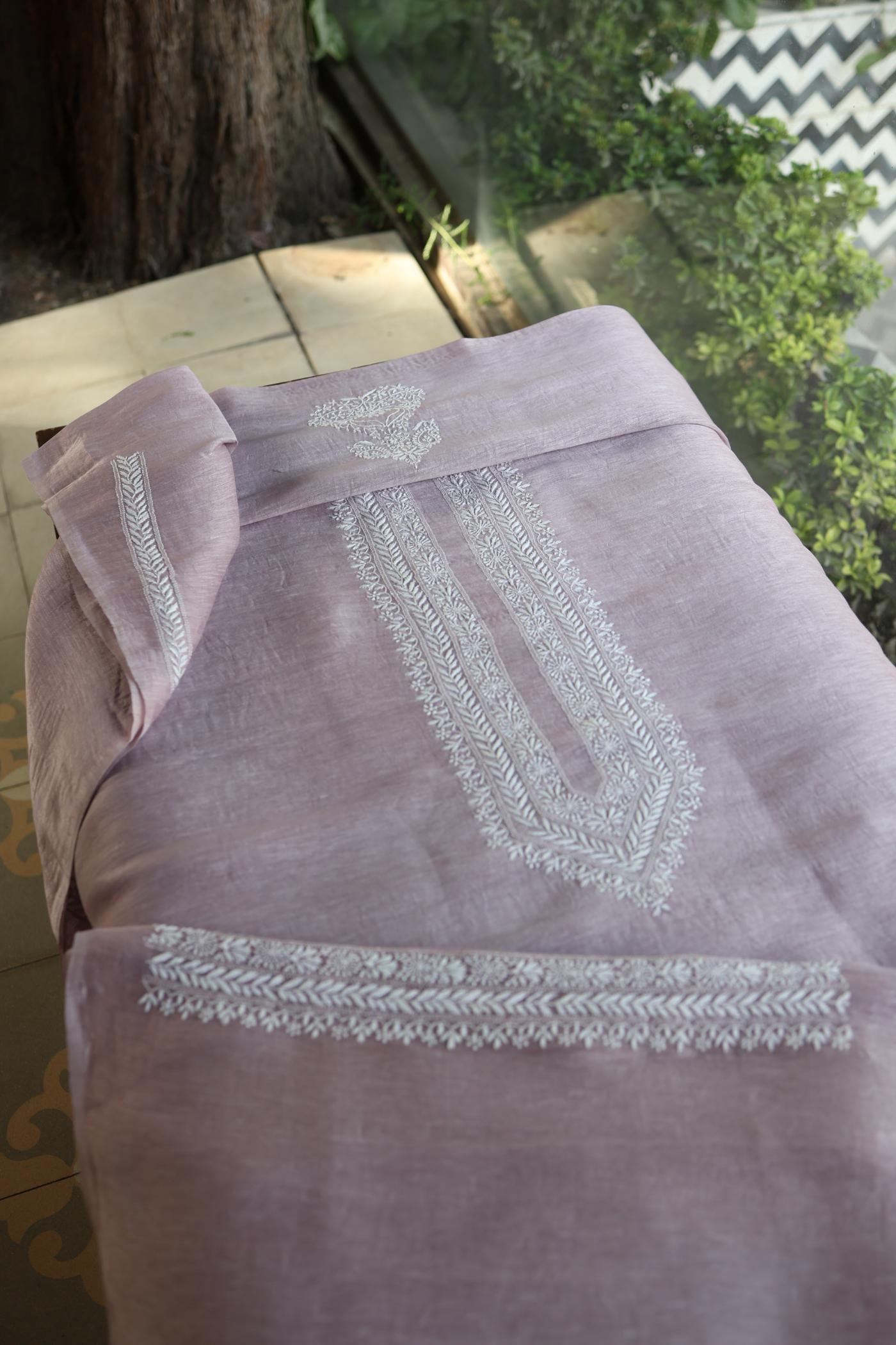 Lavender Linen Chikankari Unstitched Men's Kurtas Fabric