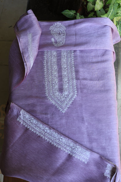 Lavender Linen Chikankari Unstitched Men's Kurtas Fabric