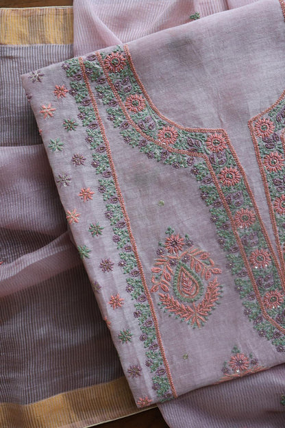 Lavender Linen Silk Chikankari With Ari Work Unstitched Kurta Dupatta Set
