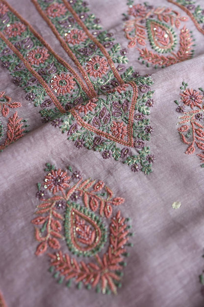 Lavender Linen Silk Chikankari With Ari Work Unstitched Kurta Dupatta Set