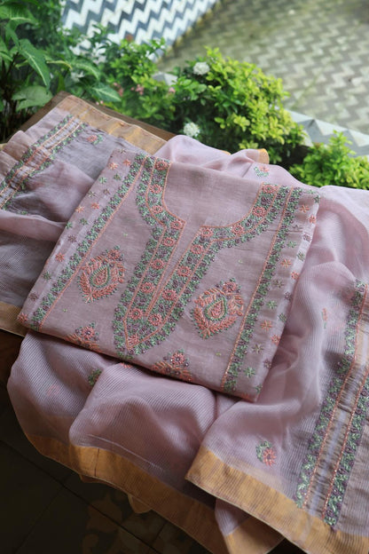 Lavender Linen Silk Chikankari With Ari Work Unstitched Kurta Dupatta Set
