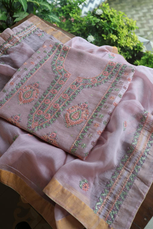 Lavender Linen Silk Chikankari With Ari Work Unstitched Kurta Dupatta Set