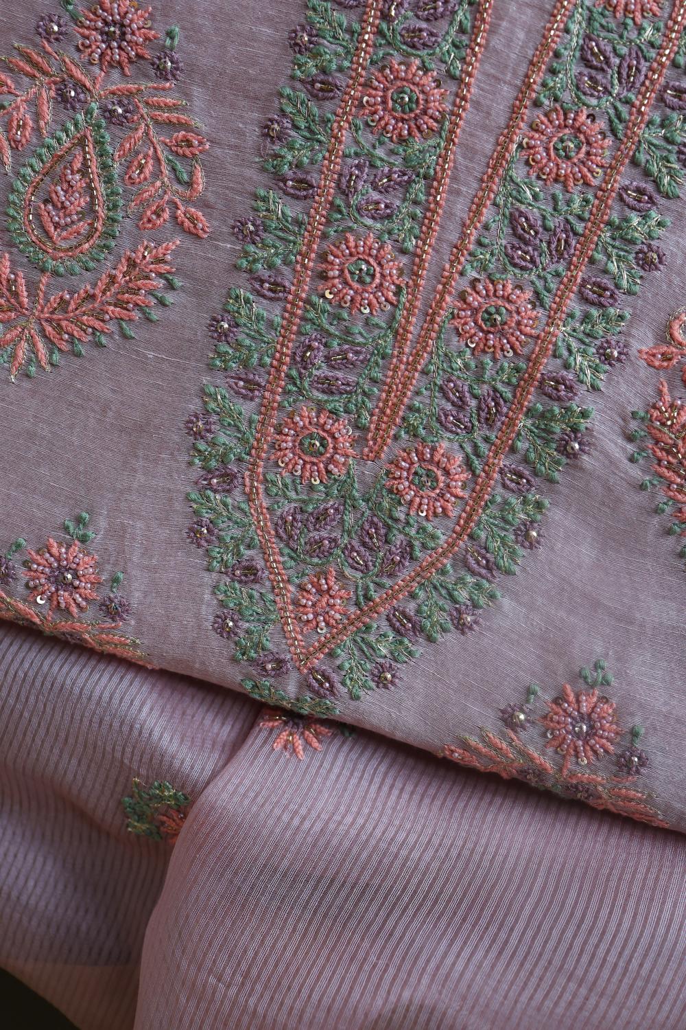 Lavender Linen Silk Chikankari With Ari Work Unstitched Kurta Dupatta Set