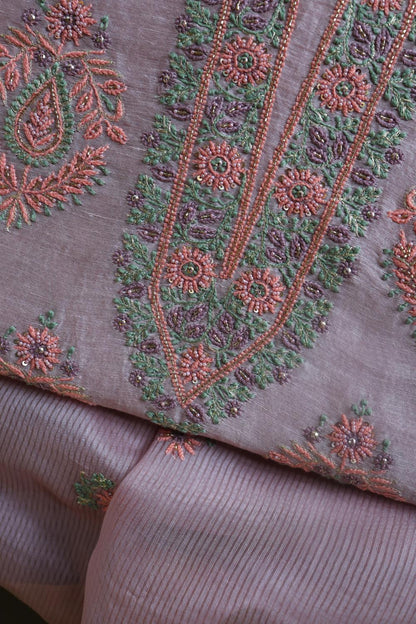 Lavender Linen Silk Chikankari With Ari Work Unstitched Kurta Dupatta Set