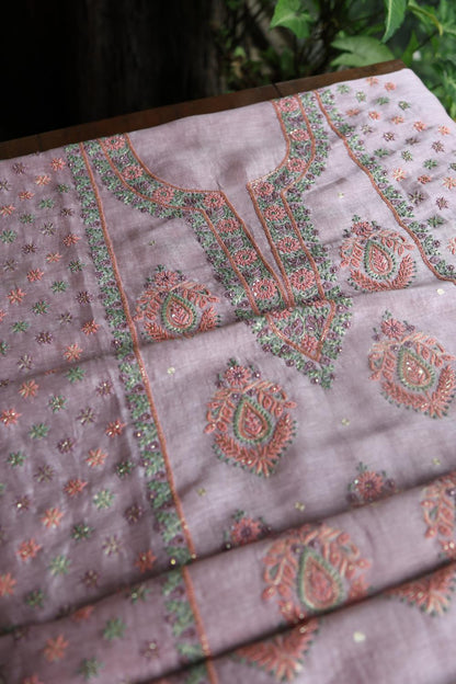 Lavender Linen Silk Chikankari With Ari Work Unstitched Kurta Dupatta Set