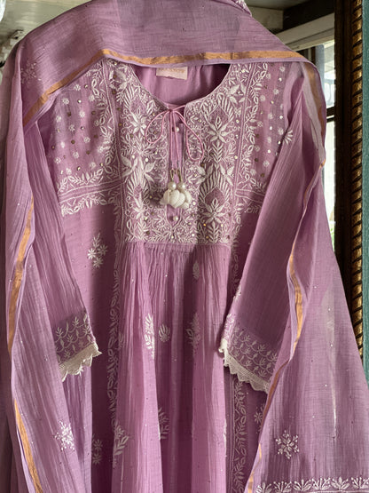 Lavender Mal Mukaish Kamdani Tux Chikankari Kurta Dupatta Set