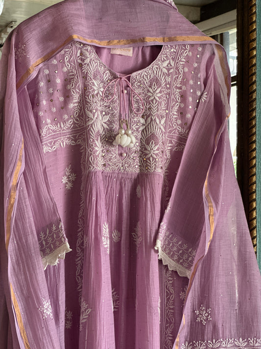 Lavender Mal Mukaish Kamdani Tux Chikankari Kurta Dupatta Set