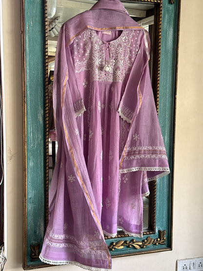Lavender Mal Mukaish Kamdani Tux Chikankari Kurta Dupatta Set