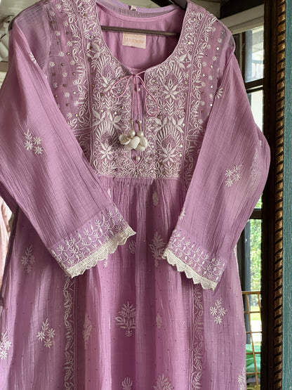 Lavender Mal Mukaish Kamdani Tux Chikankari Kurta Dupatta Set