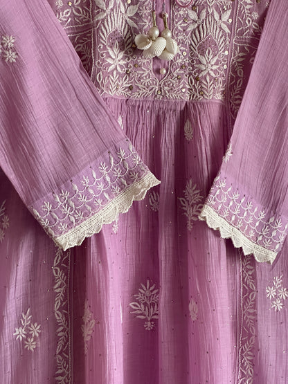 Lavender Mal Mukaish Kamdani Tux Chikankari Kurta Dupatta Set