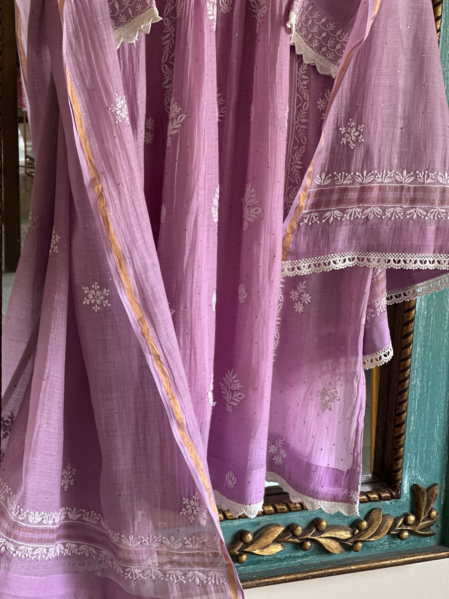 Lavender Mal Mukaish Kamdani Tux Chikankari Kurta Dupatta Set