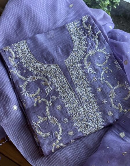 Lavender Mirror work Tussar Kota Chikankari Kurta set fabric