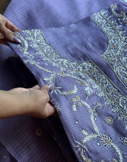 Lavender Mirror work Tussar Kota Chikankari Kurta set fabric