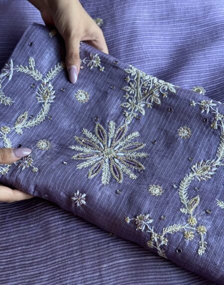 Lavender Mirror work Tussar Kota Chikankari Kurta set fabric
