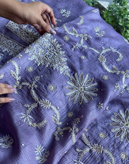 Lavender Mirror work Tussar Kota Chikankari Kurta set fabric
