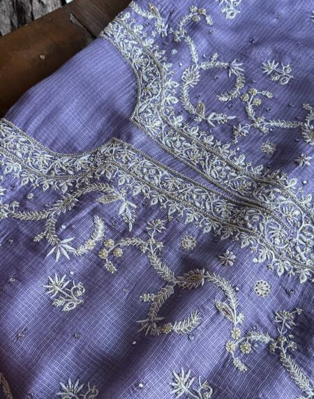 Lavender Mirror work Tussar Kota Chikankari Kurta set fabric