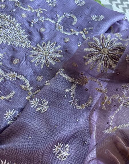 Lavender Mirror work Tussar Kota Chikankari Kurta set fabric