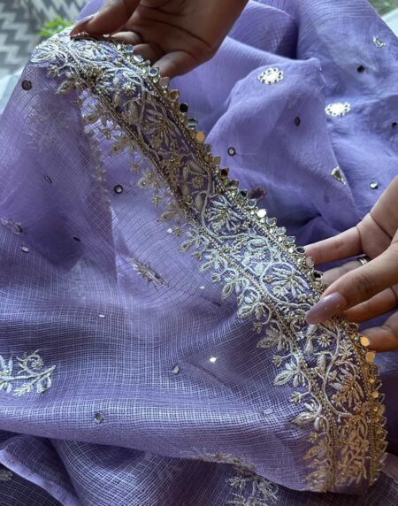 Lavender Mirror work Tussar Kota Chikankari Kurta set fabric