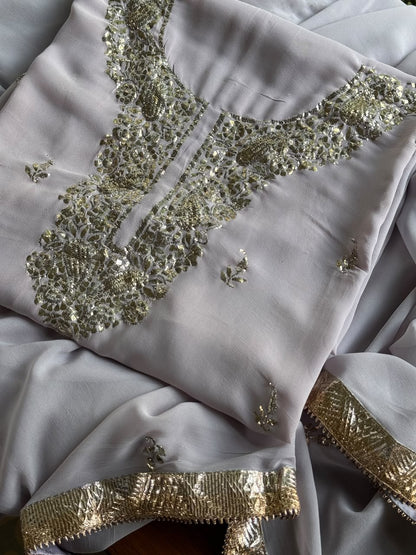 Lavender Mukaish Badla Pure Georgette Kurta Set