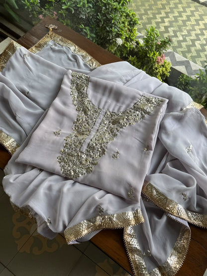 Lavender Mukaish Badla Pure Georgette Kurta Set