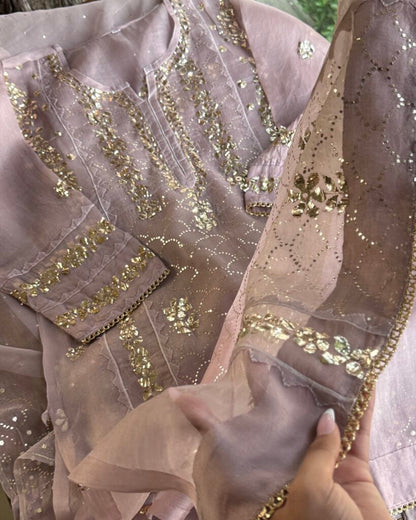 Lavender Noor Organza Applique Kurta Set