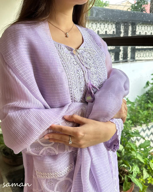 Lavender Noor Organza Mukaish Kamdani Chikankari Kurta Set