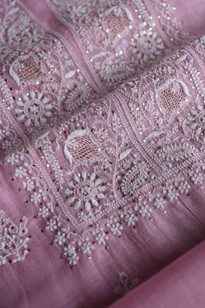 Lavender Pink  Mal Cotton Chikankari Unstitched Kurta Dupatta Fabrics With Kamdani