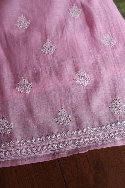 Lavender Pink  Mal Cotton Chikankari Unstitched Kurta Dupatta Fabrics With Kamdani