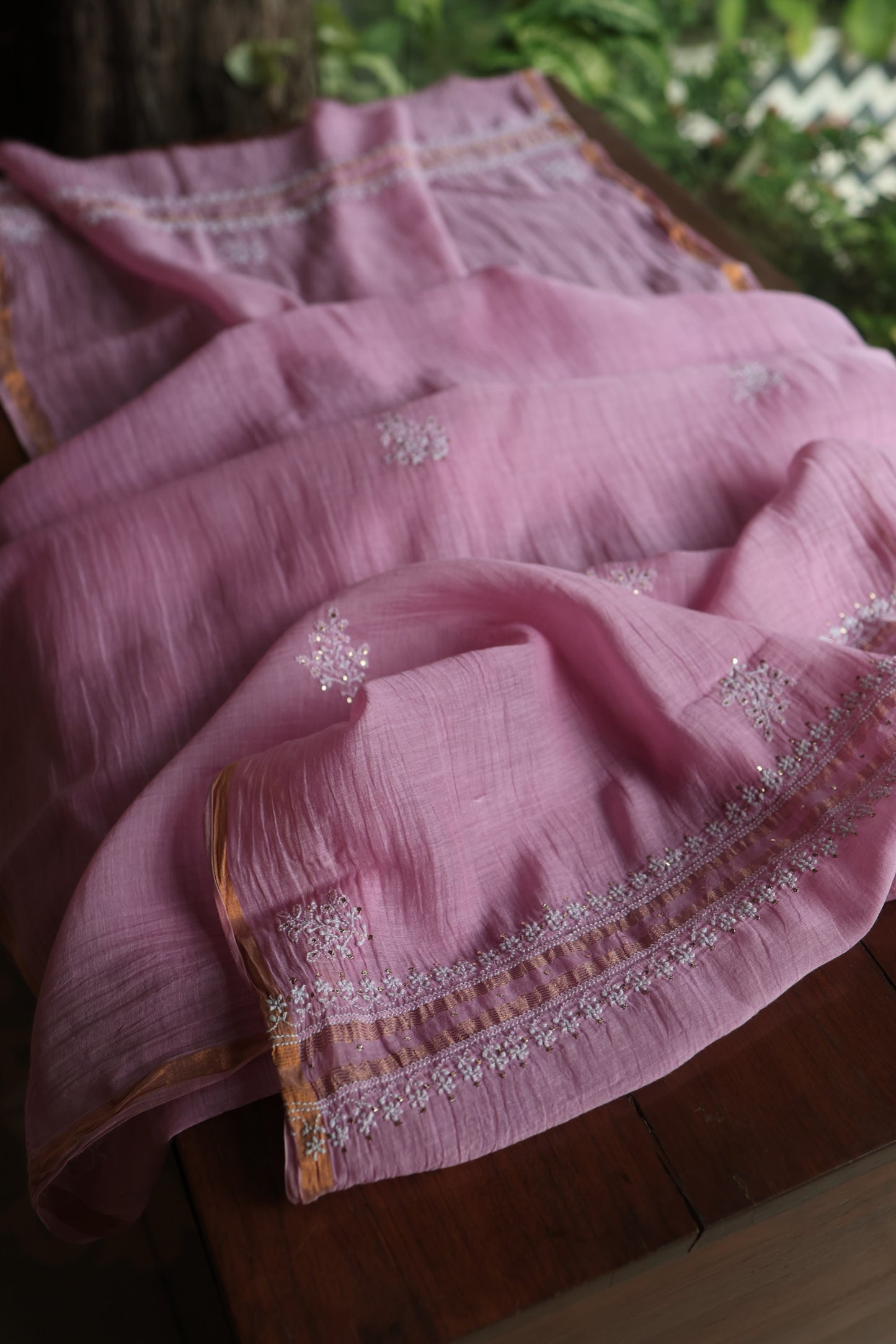 Lavender Pink  Mal Cotton Chikankari Unstitched Kurta Dupatta Fabrics With Kamdani