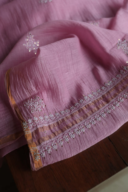 Lavender Pink  Mal Cotton Chikankari Unstitched Kurta Dupatta Fabrics With Kamdani