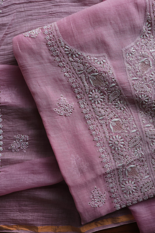 Lavender Pink  Mal Cotton Chikankari Unstitched Kurta Dupatta Fabrics With Kamdani