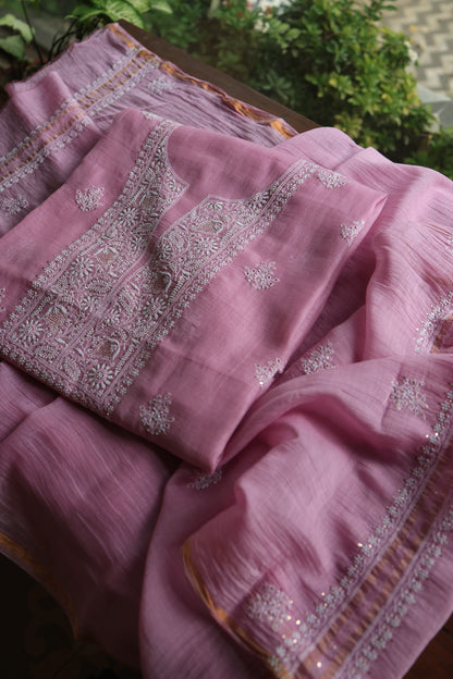 Lavender Pink  Mal Cotton Chikankari Unstitched Kurta Dupatta Fabrics With Kamdani