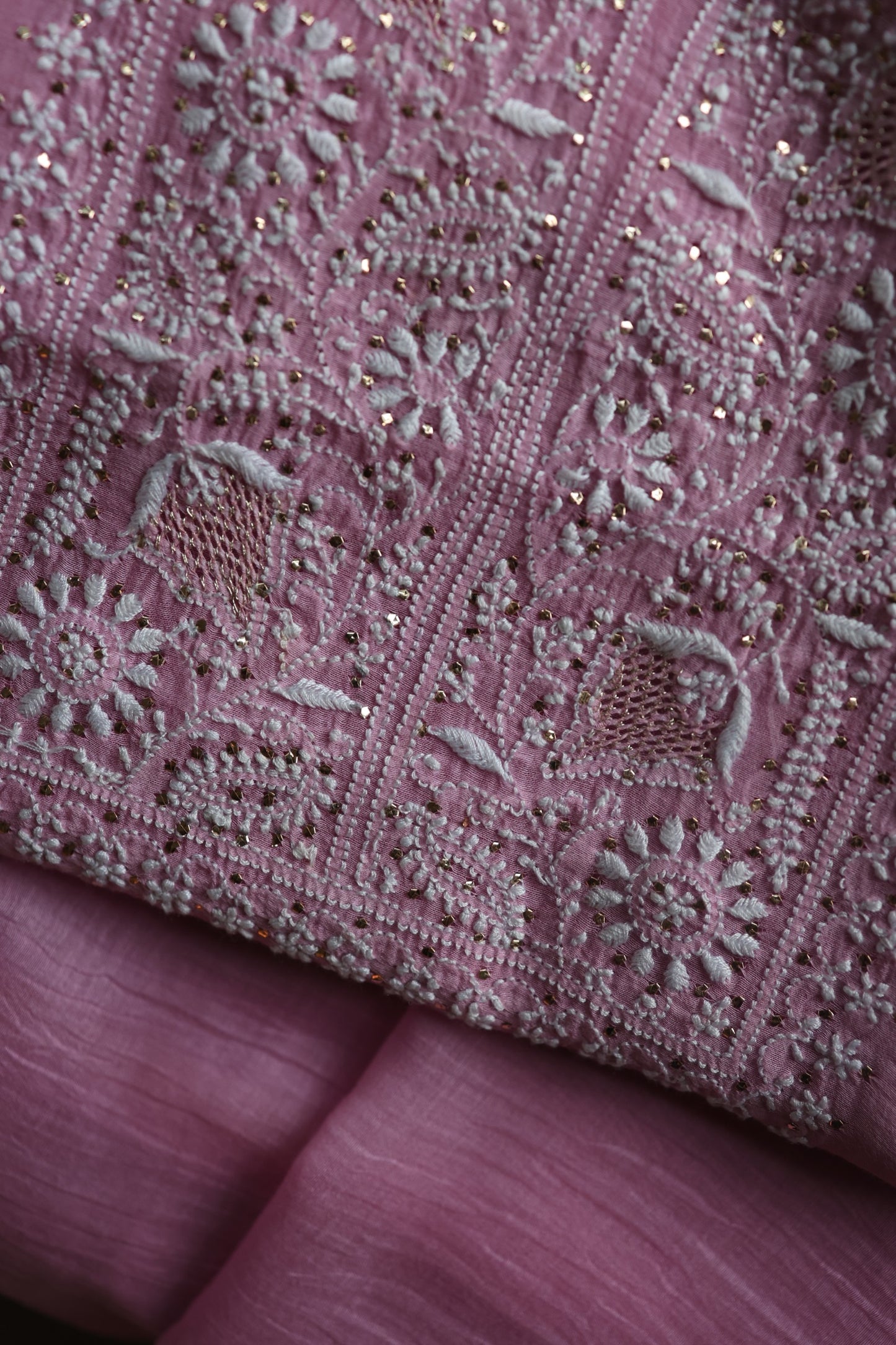 Lavender Pink  Mal Cotton Chikankari Unstitched Kurta Dupatta Fabrics With Kamdani