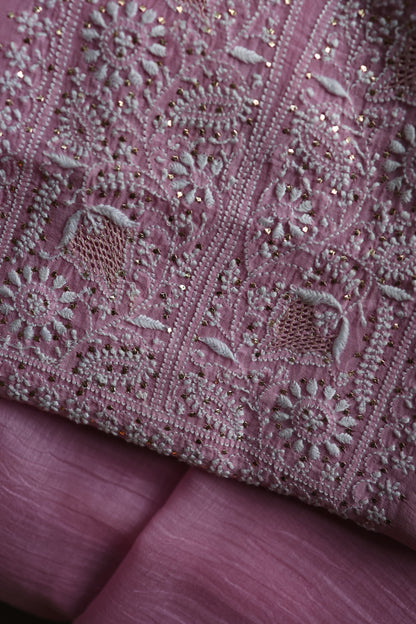 Lavender Pink  Mal Cotton Chikankari Unstitched Kurta Dupatta Fabrics With Kamdani