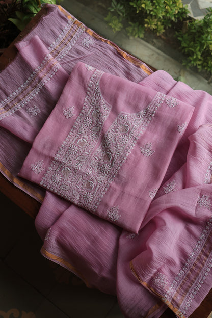 Lavender Pink  Mal Cotton Chikankari Unstitched Kurta Dupatta Fabrics With Kamdani