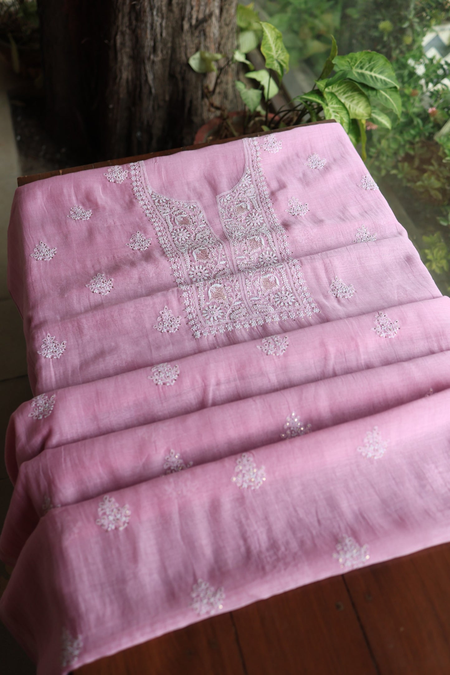 Lavender Pink  Mal Cotton Chikankari Unstitched Kurta Dupatta Fabrics With Kamdani