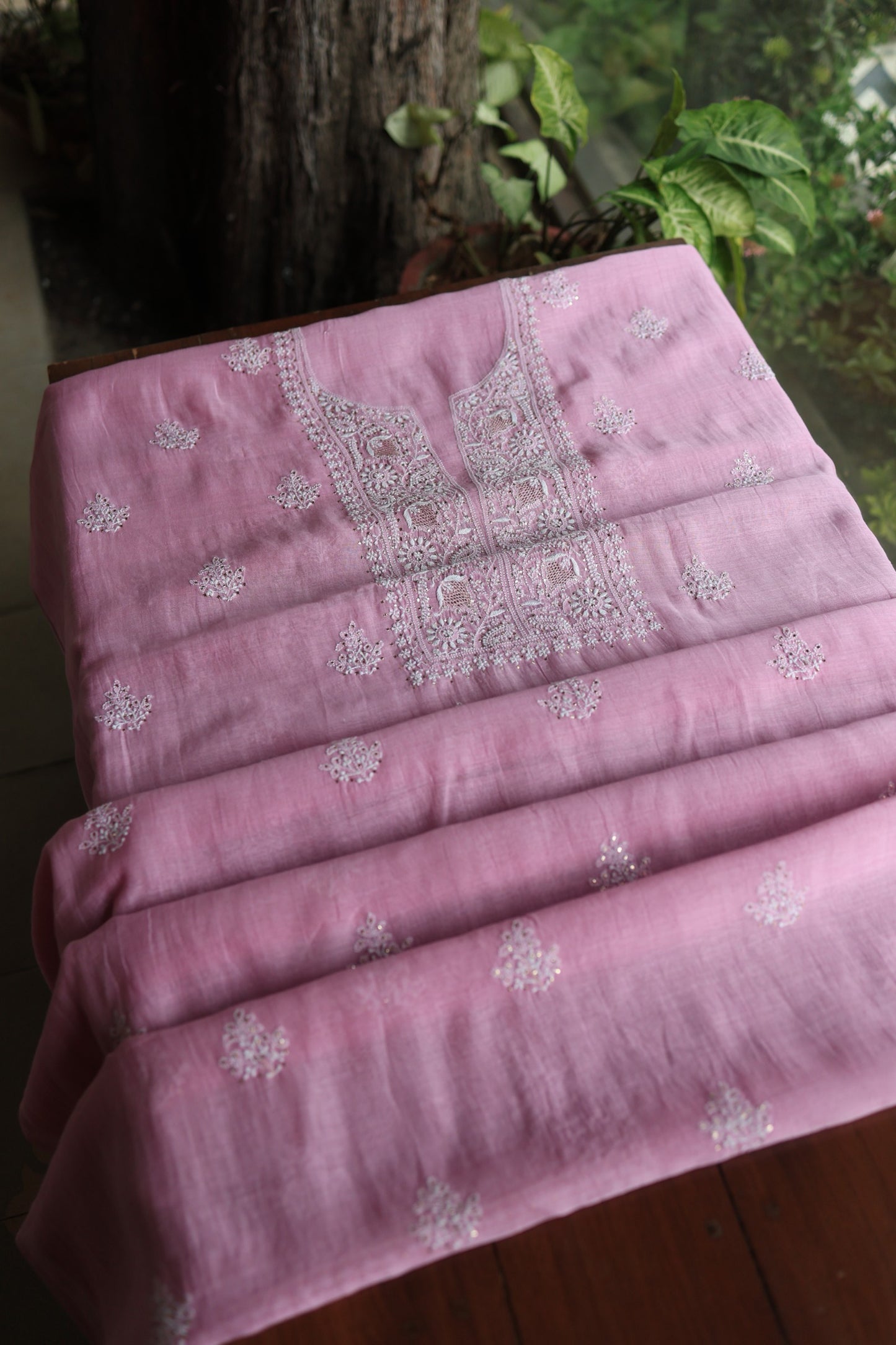 Lavender Pink  Mal Cotton Chikankari Unstitched Kurta Dupatta Fabrics With Kamdani