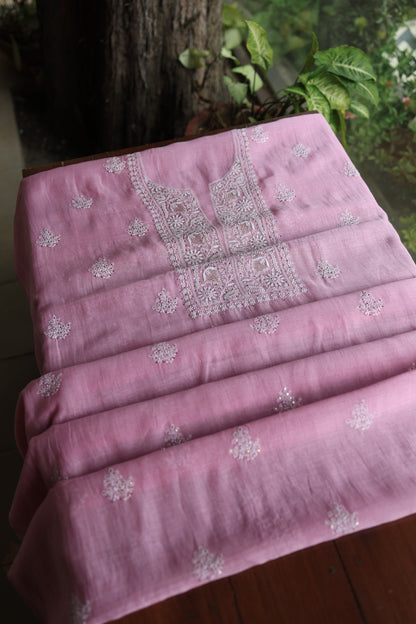 Lavender Pink  Mal Cotton Chikankari Unstitched Kurta Dupatta Fabrics With Kamdani