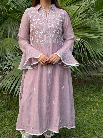 Lavender Pink Mal chikankari Dress With Bell Sleeves