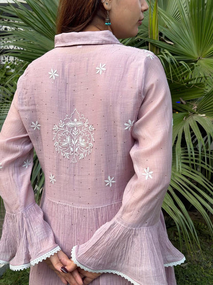 Lavender Pink Mal chikankari Dress With Bell Sleeves