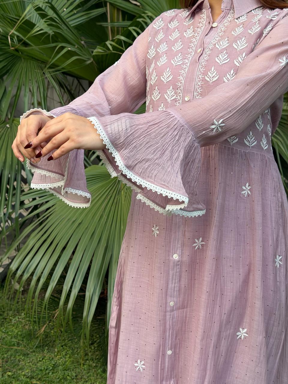 Lavender Pink Mal chikankari Dress With Bell Sleeves
