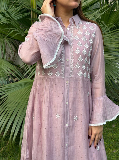 Lavender Pink Mal chikankari Dress With Bell Sleeves